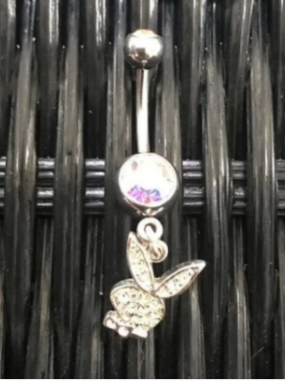 playboy bunny silver dangly crystal belly button navel ring with iridescent eye